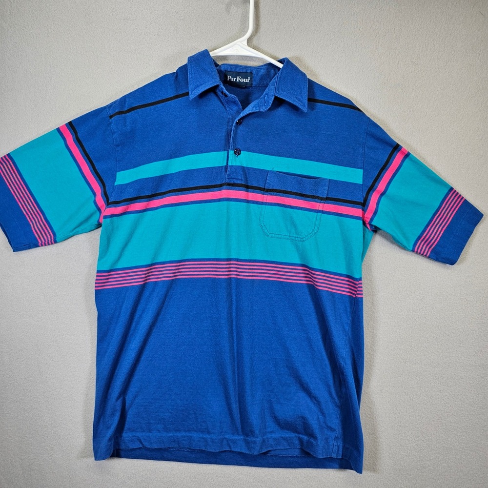 Par Four Mens Polo Shirt Medium Blue Teal Pink Striped Short Sleeve Cottontail